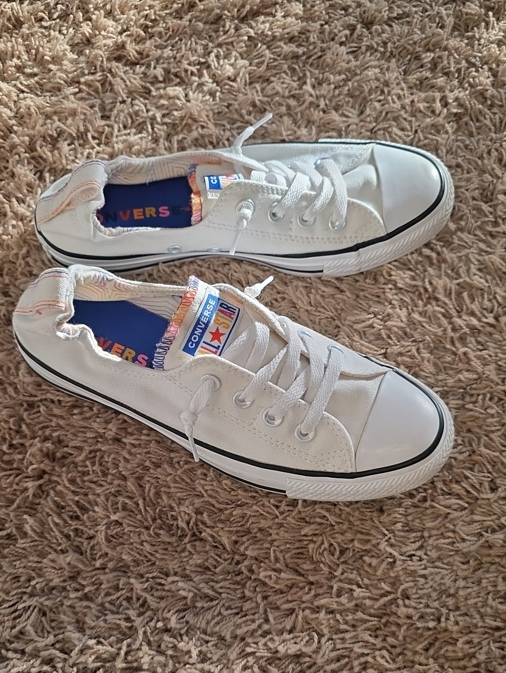 Converse White Low-Top Canvas Sneakers with Blue Insole and Black Trim